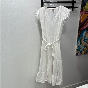 Magaschoni White Cotton V-Neck Maxi Dress with Tie Waist